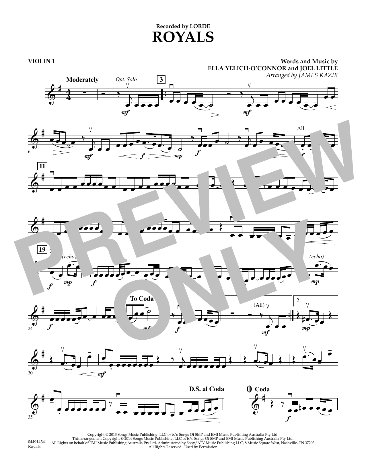 Download James Kazik Royals - Violin 1 Sheet Music and learn how to play Orchestra PDF digital score in minutes