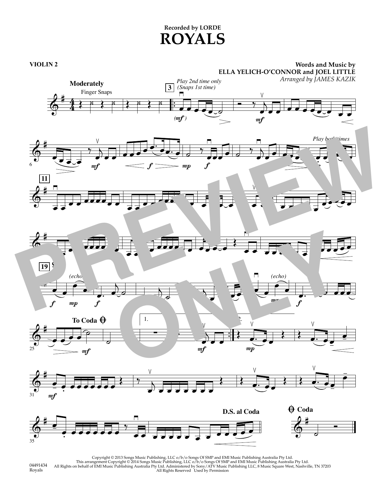 Download James Kazik Royals - Violin 2 Sheet Music and learn how to play Orchestra PDF digital score in minutes