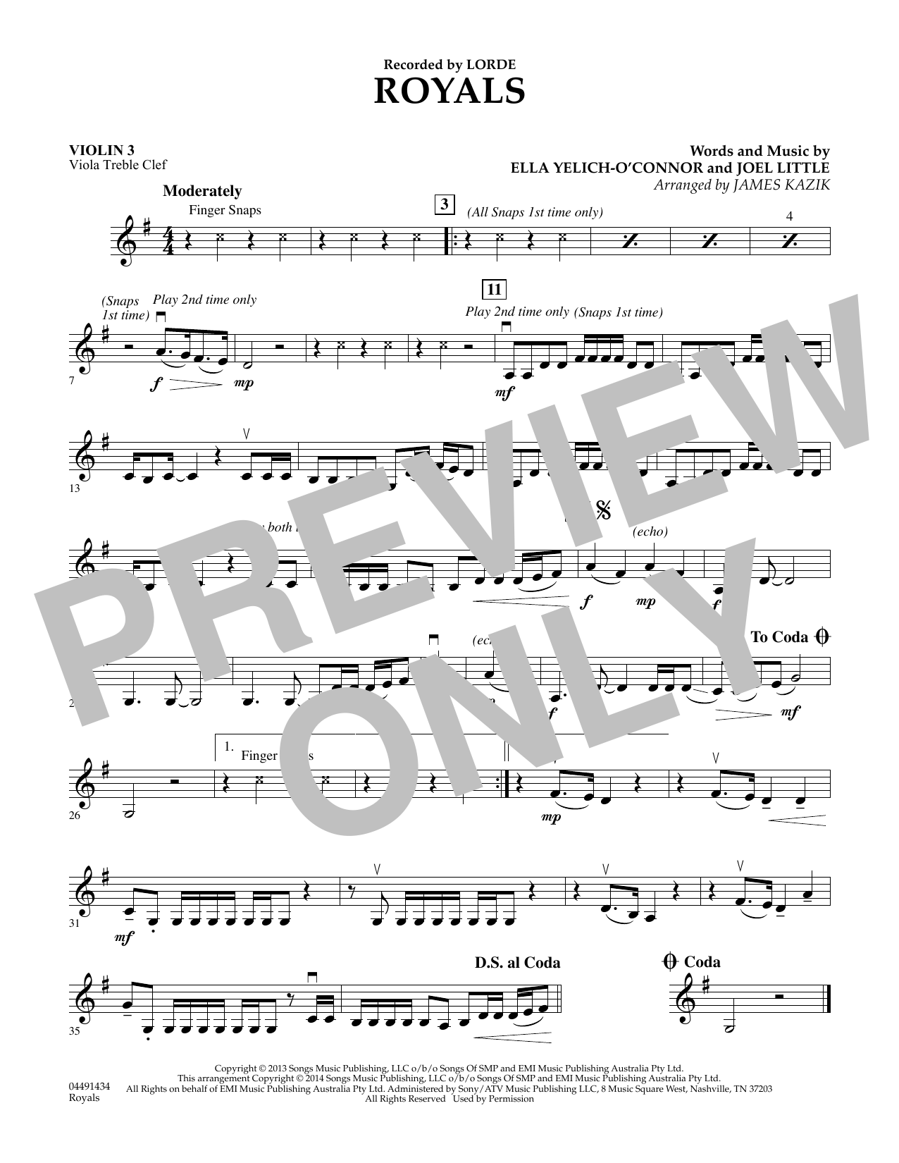 Download James Kazik Royals - Violin 3 (Viola Treble Clef) Sheet Music and learn how to play Orchestra PDF digital score in minutes