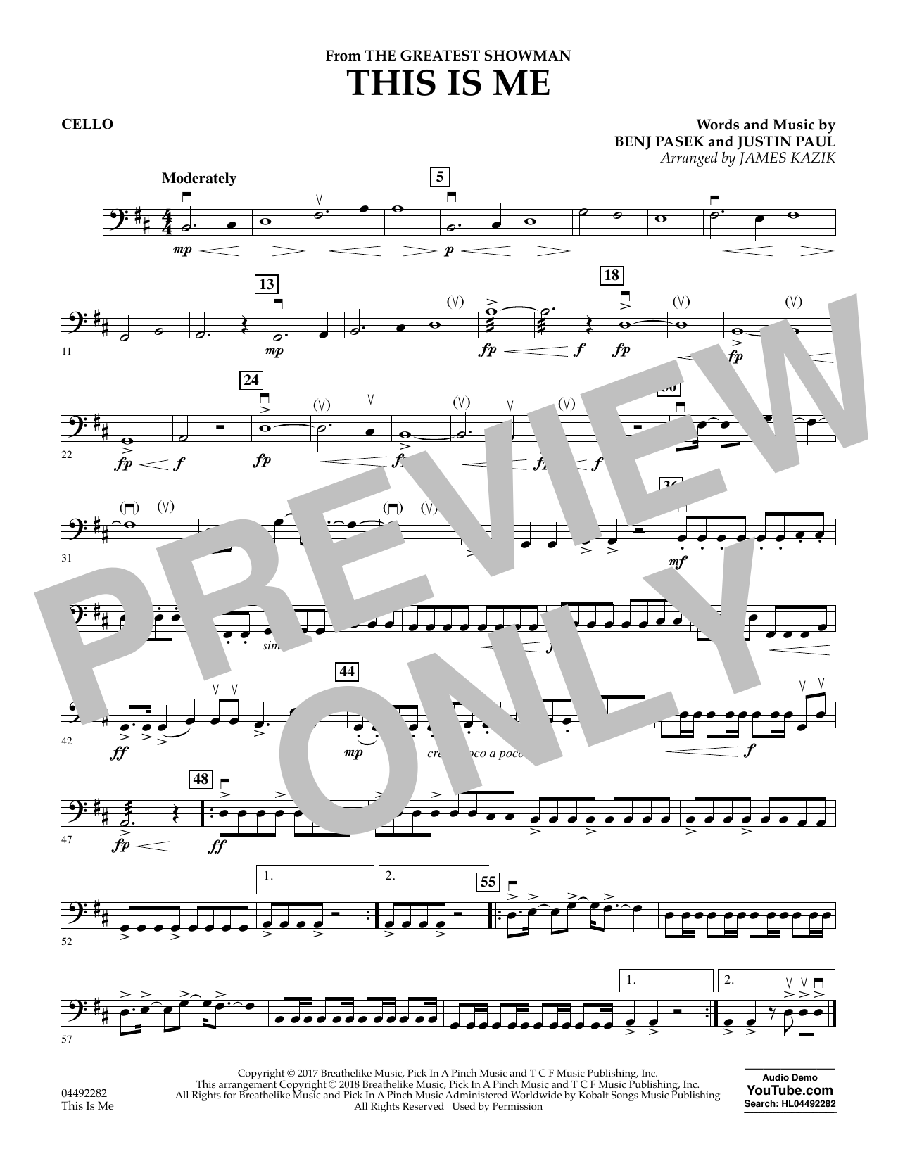 Download James Kazik This Is Me (from The Greatest Showman) - Cello Sheet Music and learn how to play Orchestra PDF digital score in minutes
