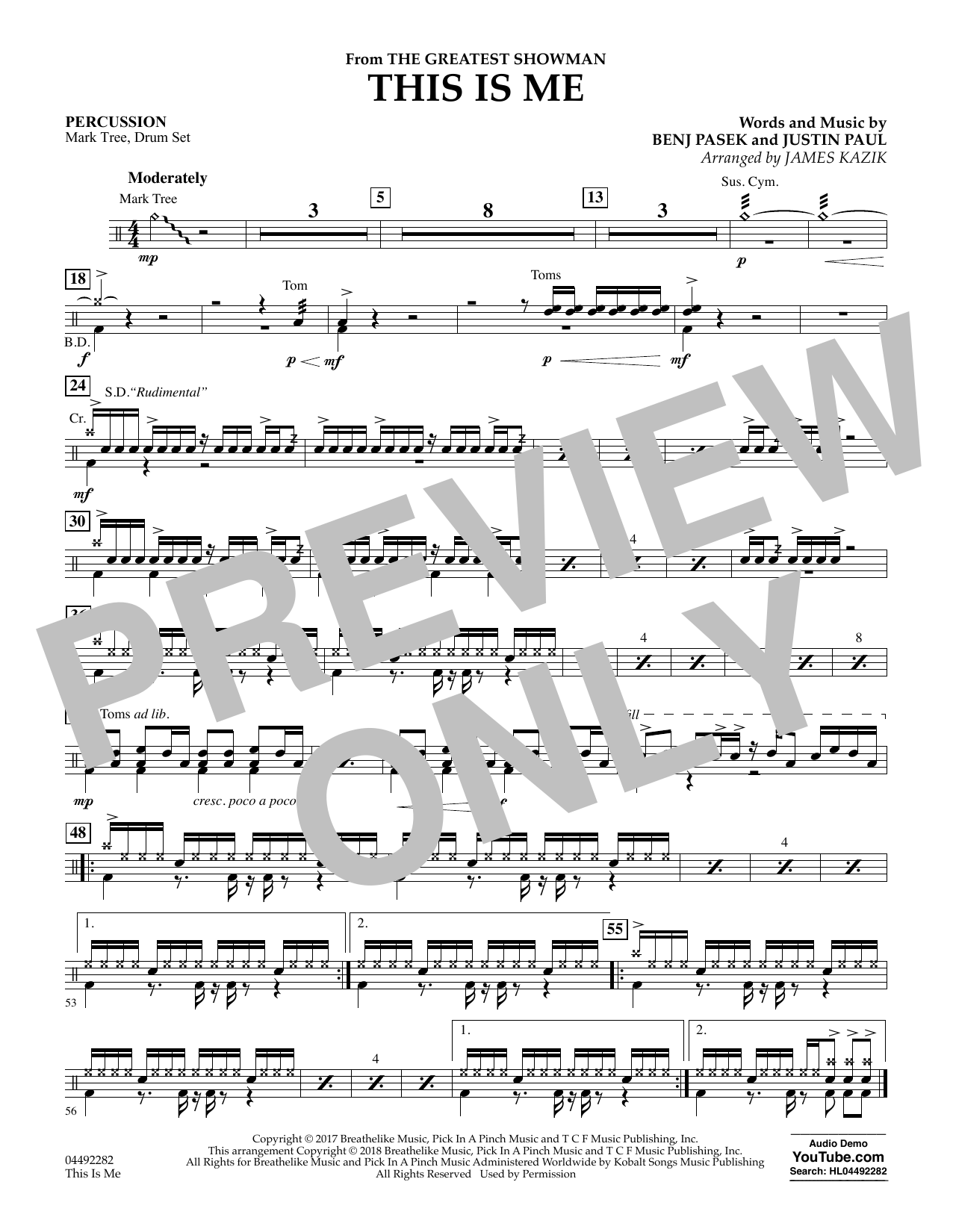 Download James Kazik This Is Me (from The Greatest Showman) - Percussion Sheet Music and learn how to play Orchestra PDF digital score in minutes