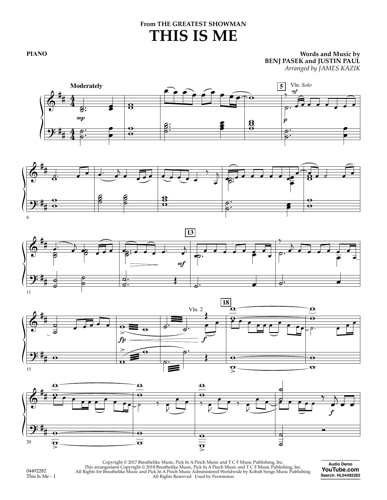 Download James Kazik This Is Me (from The Greatest Showman) - Piano Sheet Music and learn how to play Orchestra PDF digital score in minutes