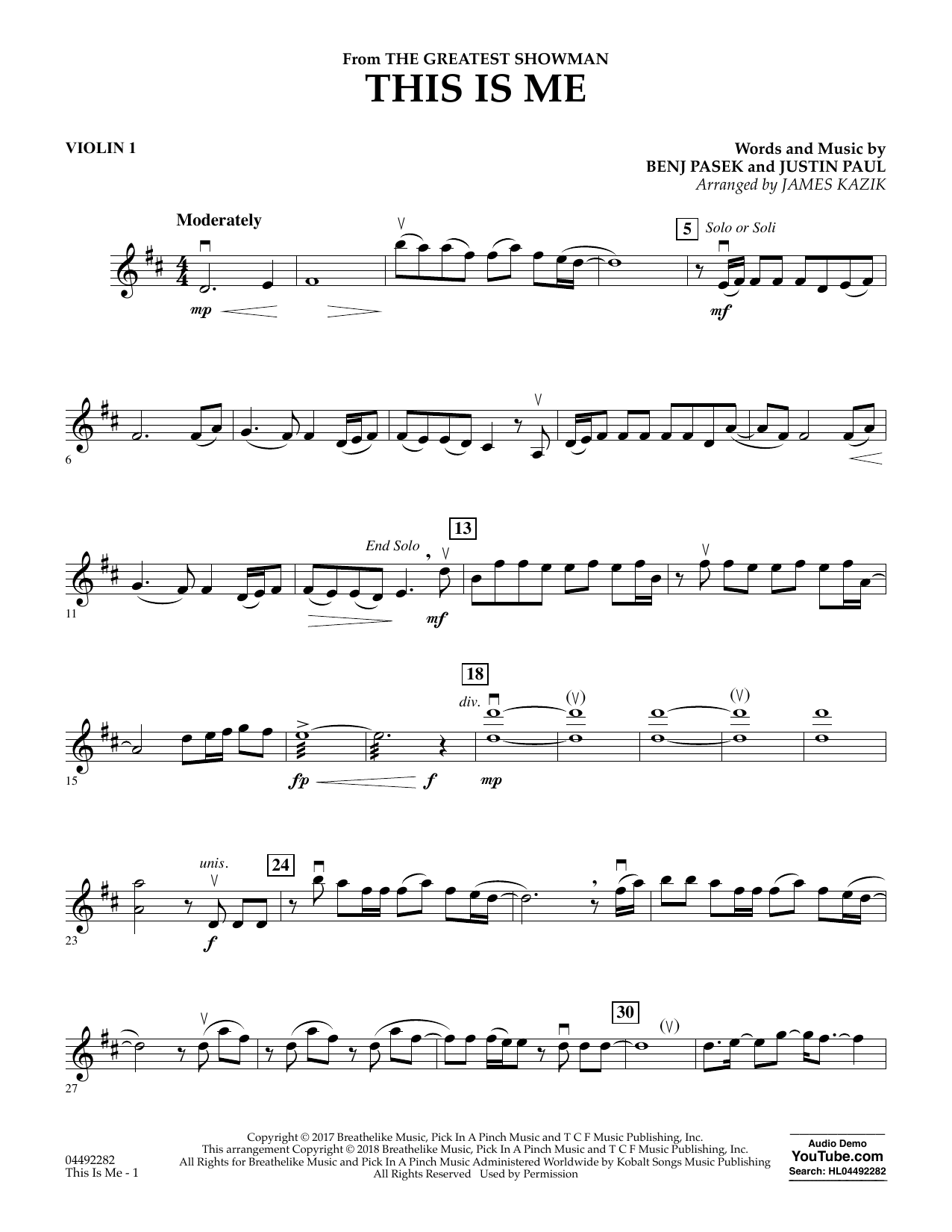 Download James Kazik This Is Me (from The Greatest Showman) - Violin 1 Sheet Music and learn how to play Orchestra PDF digital score in minutes