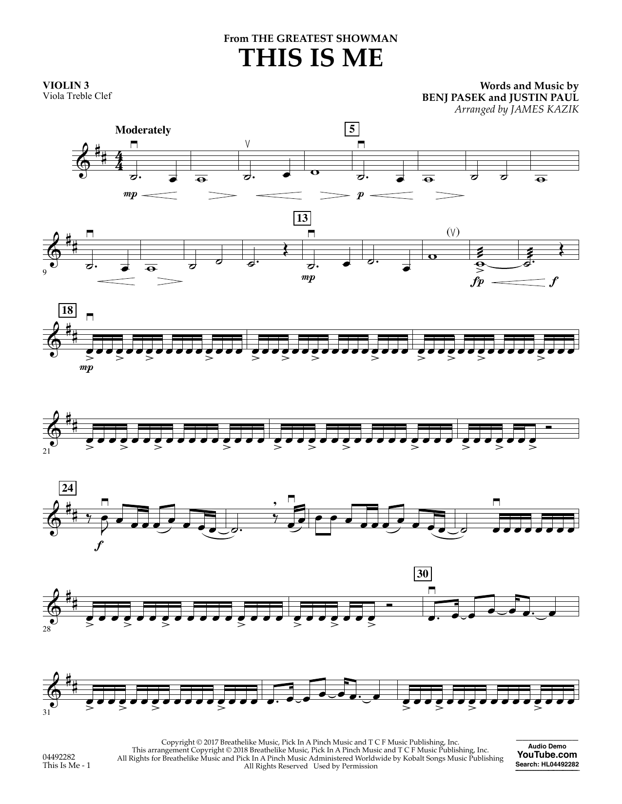 Download James Kazik This Is Me (from The Greatest Showman) - Violin 3 (Viola Treble Clef) Sheet Music and learn how to play Orchestra PDF digital score in minutes