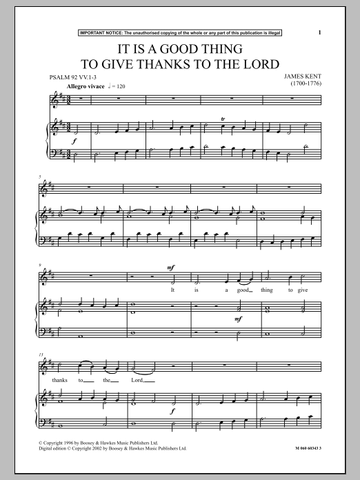 Download James Kent It Is A Good Thing To Give Thanks To The Lord Sheet Music and learn how to play Piano & Vocal PDF digital score in minutes