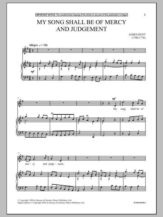 Download James Kent My Song Shall Be Of Mercy And Judgement Sheet Music and learn how to play Piano & Vocal PDF digital score in minutes