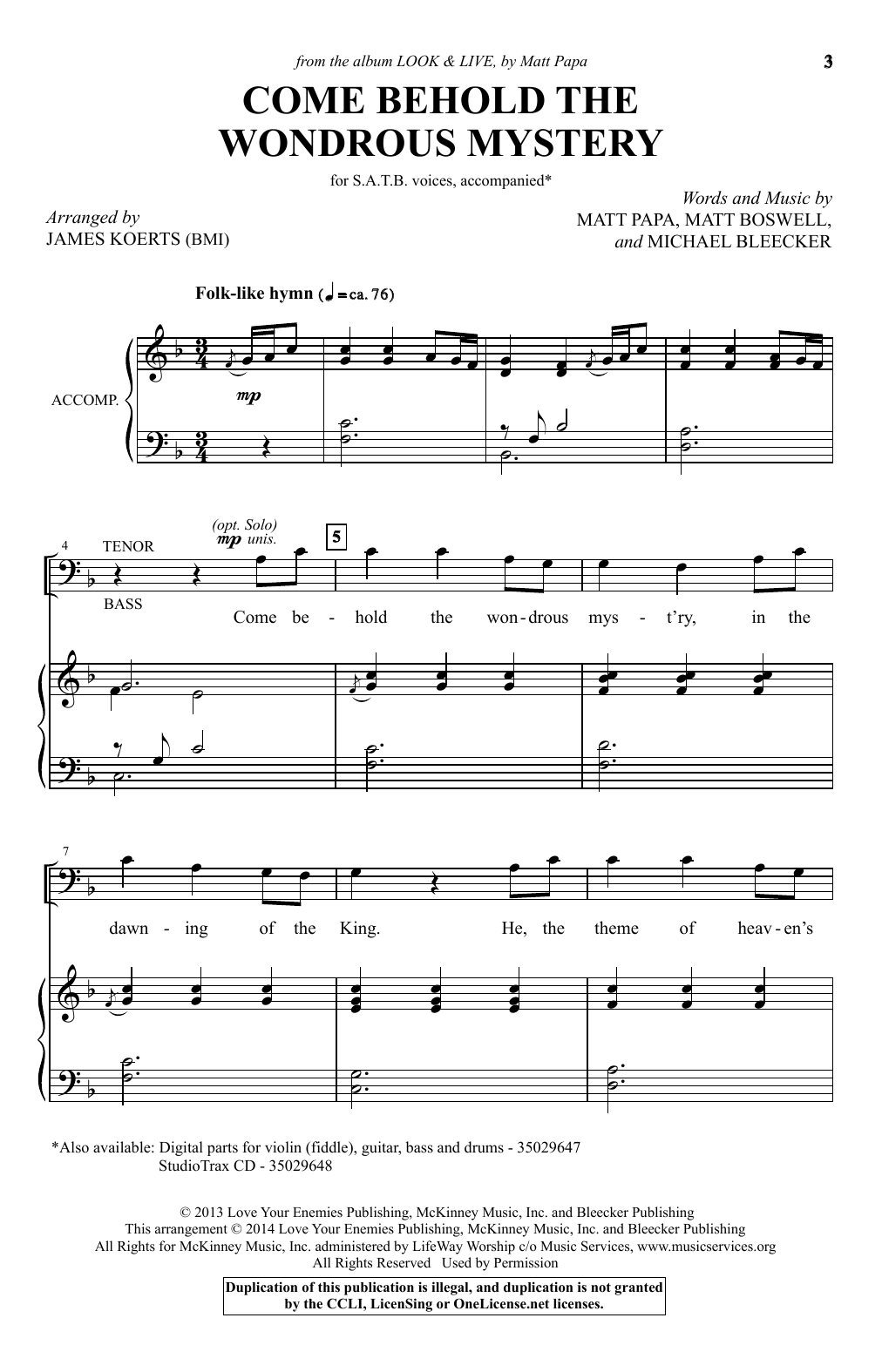 Download James Koerts Come Behold The Wondrous Mystery Sheet Music and learn how to play SATB PDF digital score in minutes