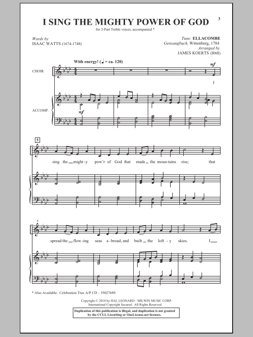 Download James Koerts I Sing The Mighty Power Of God Sheet Music and learn how to play 2-Part Choir PDF digital score in minutes