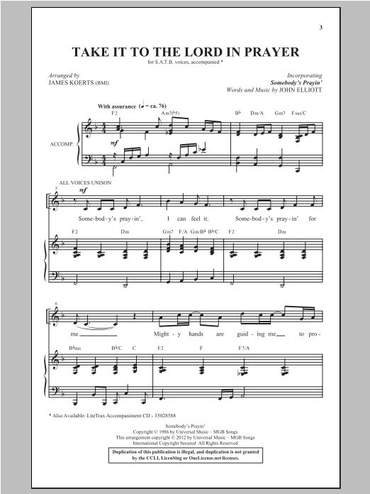 Download James Koerts Take It To The Lord In Prayer (with Somebody's Prayin') Sheet Music and learn how to play SATB PDF digital score in minutes