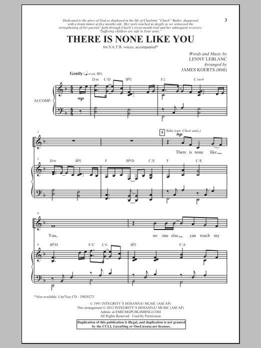 Download James Koerts There Is None Like You Sheet Music and learn how to play SATB PDF digital score in minutes