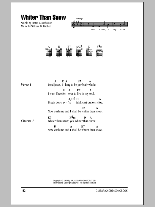 Download William G. Fischer Whiter Than Snow Sheet Music and learn how to play Lyrics & Chords PDF digital score in minutes