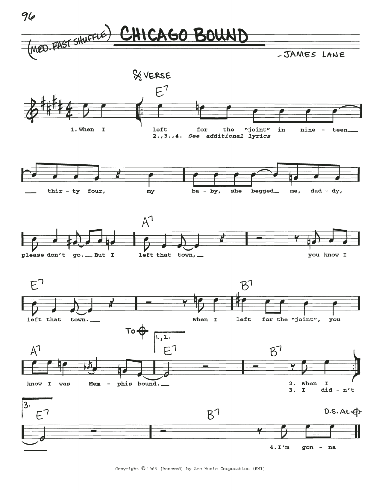 Download James Lane Chicago Bound Sheet Music and learn how to play Real Book – Melody, Lyrics & Chords PDF digital score in minutes