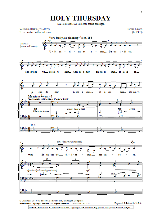 Download James Lavino Holy Thursday Sheet Music and learn how to play SATB PDF digital score in minutes