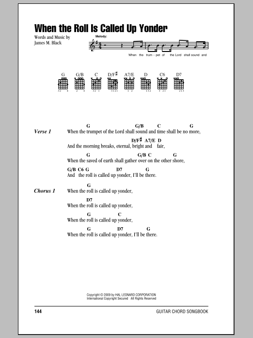 Download James M. Black When The Roll Is Called Up Yonder Sheet Music and learn how to play Lyrics & Piano Chords PDF digital score in minutes