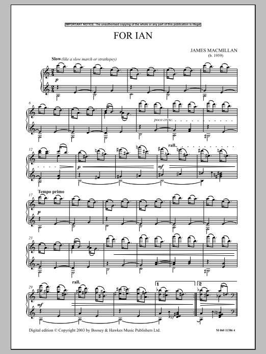 Download James MacMillan For Ian Sheet Music and learn how to play Piano PDF digital score in minutes