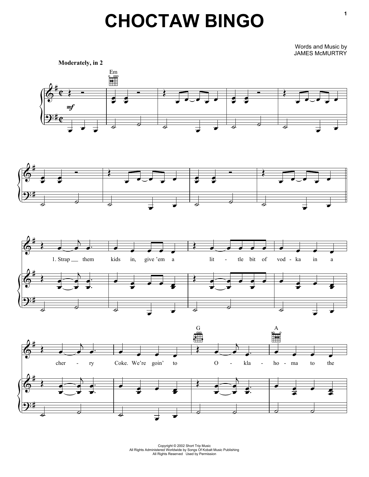 Download James Mc Murtry Choctaw Bingo Sheet Music and learn how to play Piano, Vocal & Guitar Chords (Right-Hand Melody) PDF digital score in minutes
