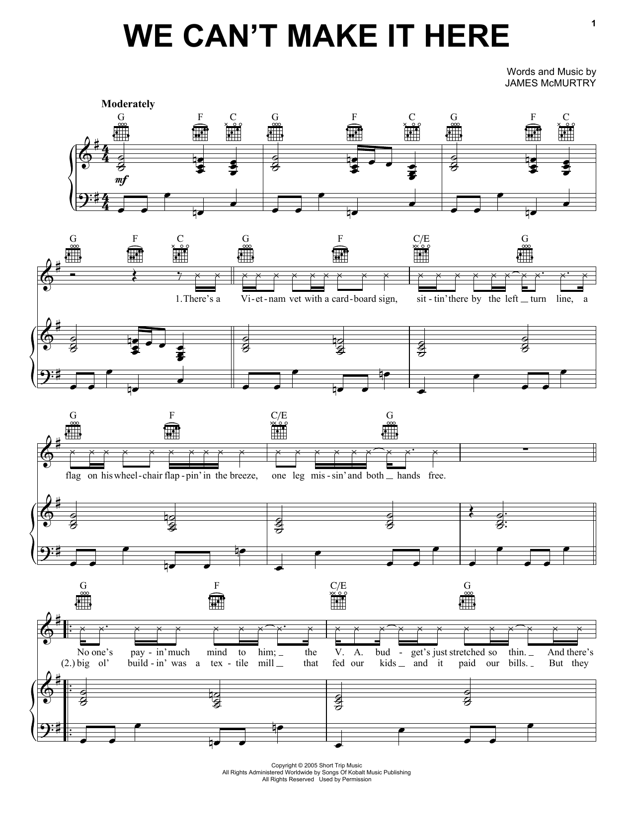 Download James Mc Murtry We Can't Make It Here Sheet Music and learn how to play Piano, Vocal & Guitar Chords (Right-Hand Melody) PDF digital score in minutes