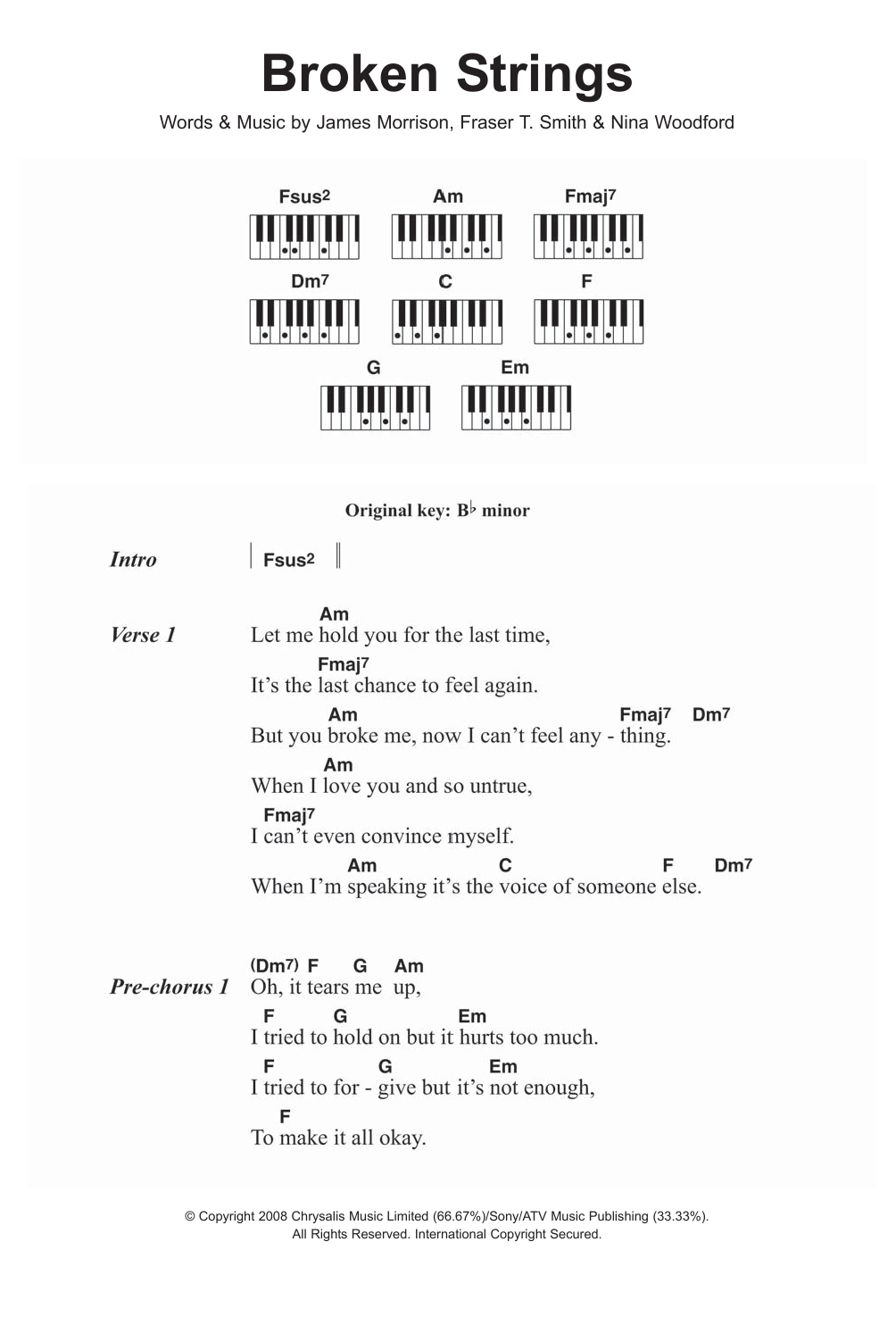 Download James Morrison Broken Strings (featuring Nelly Furtado) Sheet Music and learn how to play Piano Chords/Lyrics PDF digital score in minutes