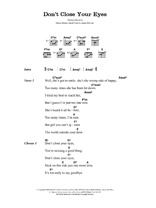 Download James Morrison Don't Close Your Eyes Sheet Music and learn how to play Lyrics & Chords PDF digital score in minutes