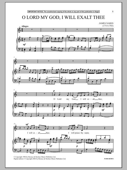 Download James Nares O Lord My God, I Will Exalt Thee Sheet Music and learn how to play Piano & Vocal PDF digital score in minutes
