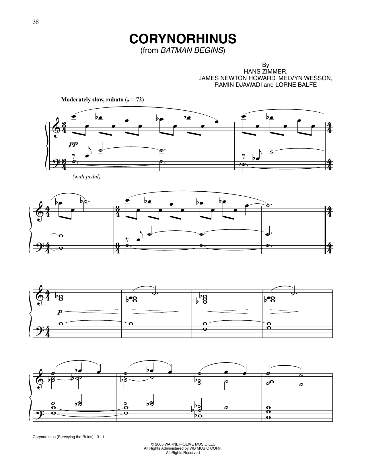 Download James Newton Howard and Hans Zimmer Corynorhinus (Surveying the Ruins) (from Batman Begins) Sheet Music and learn how to play Piano Solo PDF digital score in minutes