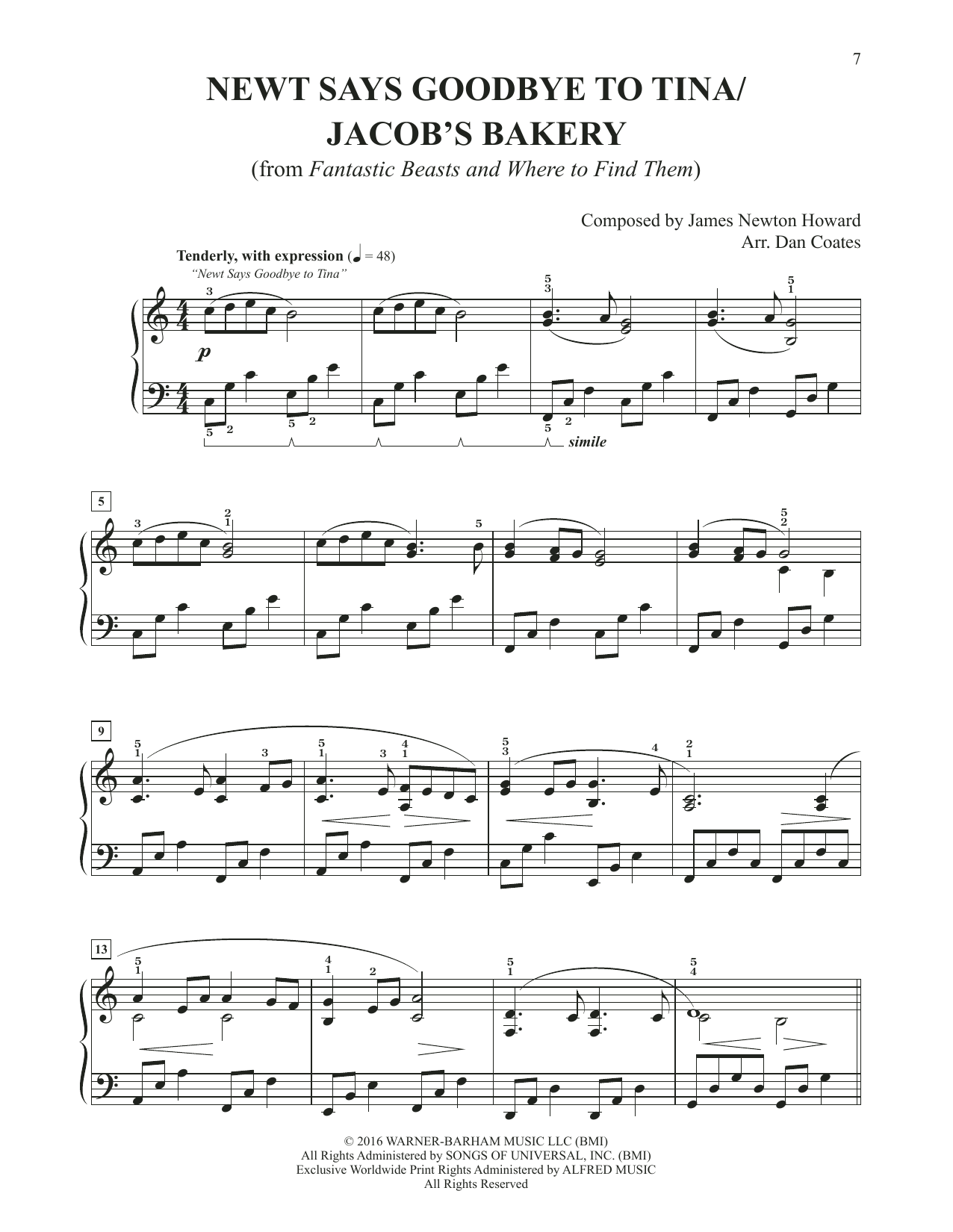 Download James Newton Howard Newt Says Goodbye To Tina / Jacob's Bakery (arr. Dan Coates) Sheet Music and learn how to play Easy Piano PDF digital score in minutes