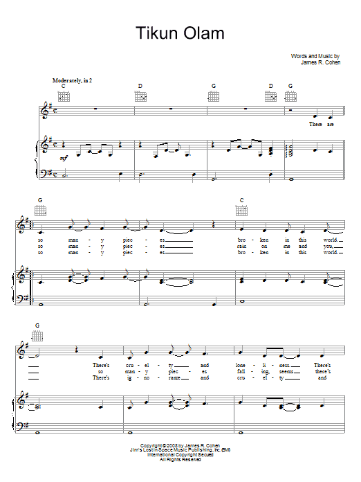 Download James R. Cohen Tikun Olam Sheet Music and learn how to play Piano, Vocal & Guitar (Right-Hand Melody) PDF digital score in minutes