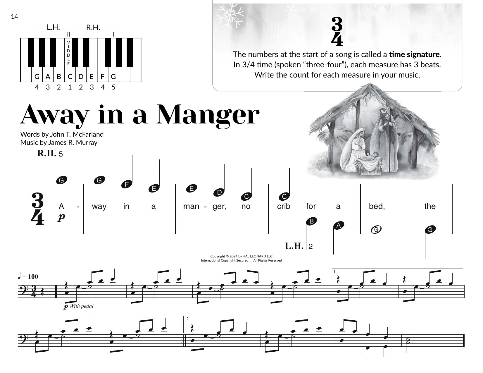 Download James R. Murray Away In A Manger (arr. Brittany McCorriston) Sheet Music and learn how to play Very Beginner Piano PDF digital score in minutes