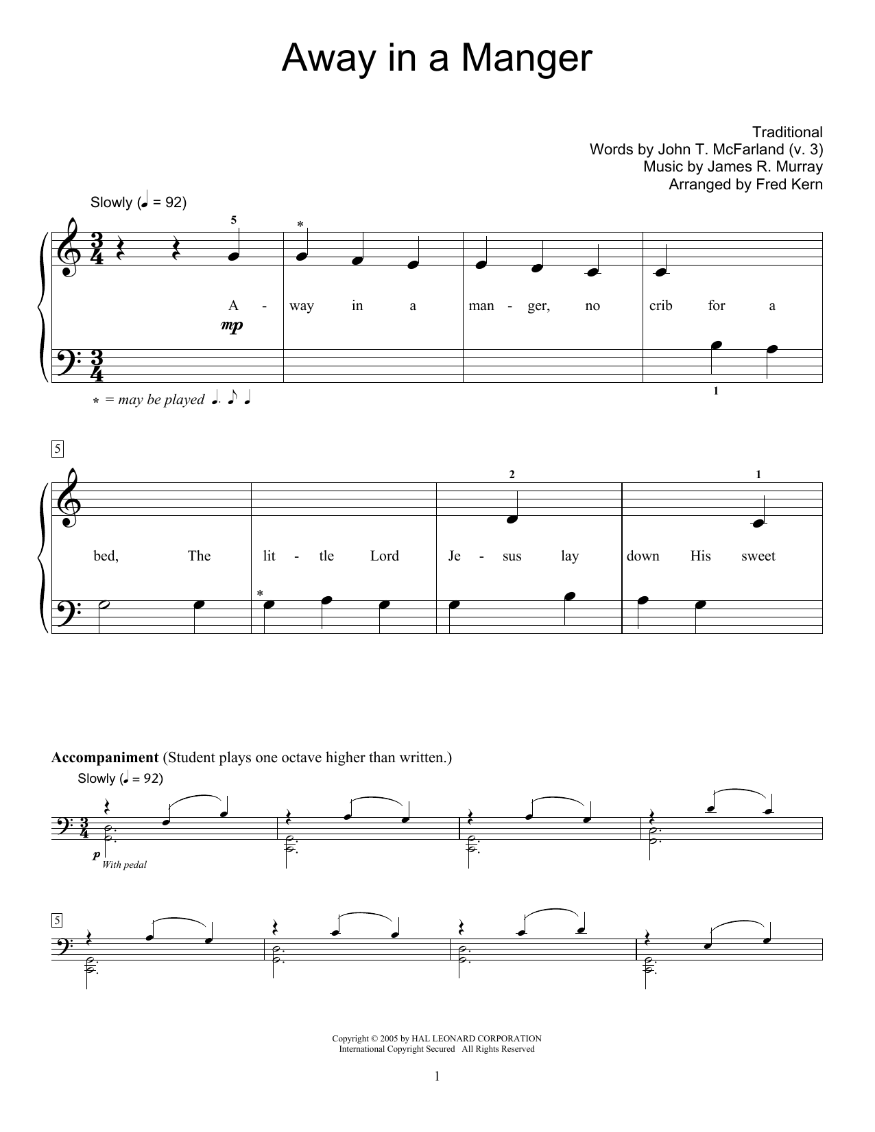 Download John T. McFarland (v.3) Away In A Manger Sheet Music and learn how to play Educational Piano PDF digital score in minutes