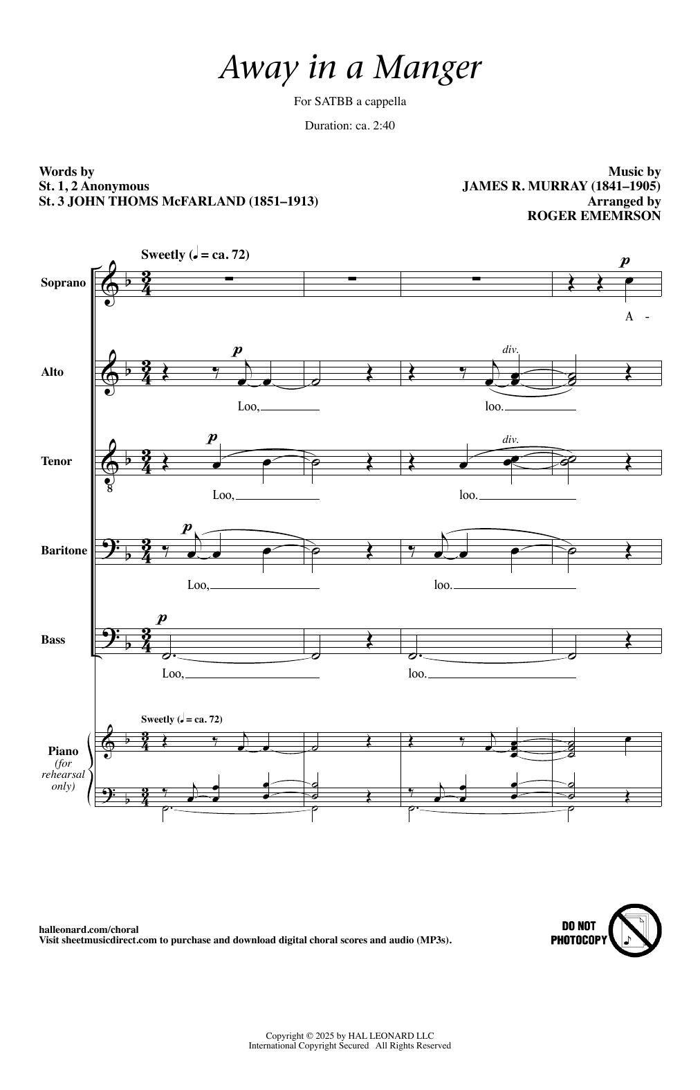 Download James R. Murray Away In A Manger (arr. Roger Emerson) Sheet Music and learn how to play SATBB Choir PDF digital score in minutes