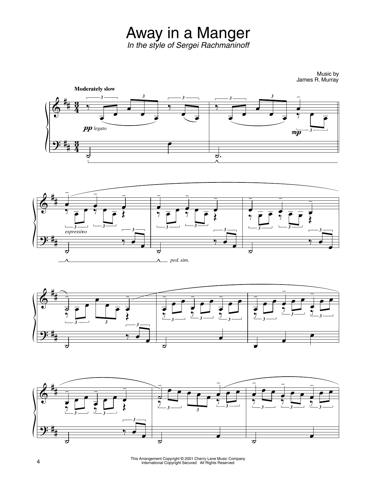 Download James R. Murray Away In A Manger (in the style of Sergei Rachmaninoff) (arr. Carol Klose) Sheet Music and learn how to play Piano Solo PDF digital score in minutes