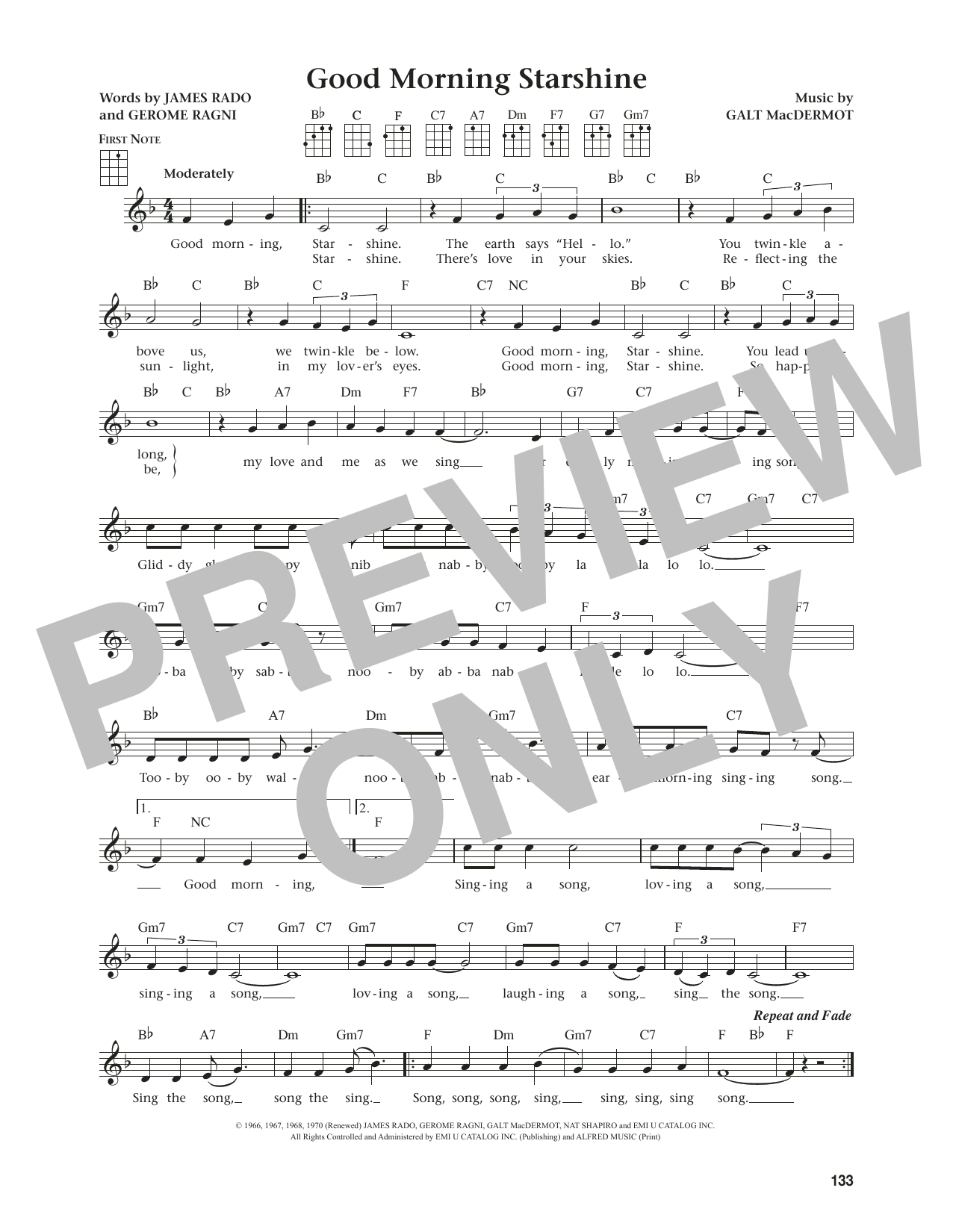 Download James Rado Good Morning Starshine (from The Daily Ukulele) (arr. Jim Beloff) Sheet Music and learn how to play Ukulele PDF digital score in minutes