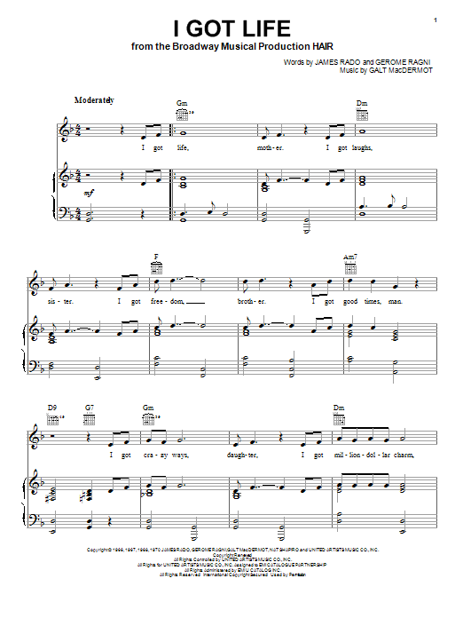 Download James Rado I Got Life Sheet Music and learn how to play Piano, Vocal & Guitar (Right-Hand Melody) PDF digital score in minutes