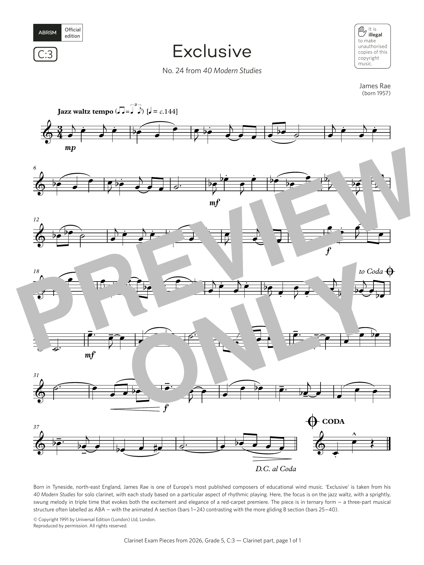 Download James Rae Exclusive (Grade 5, list C3, from the ABRSM Clarinet Syllabus from 2026) Sheet Music and learn how to play Clarinet Solo PDF digital score in minutes