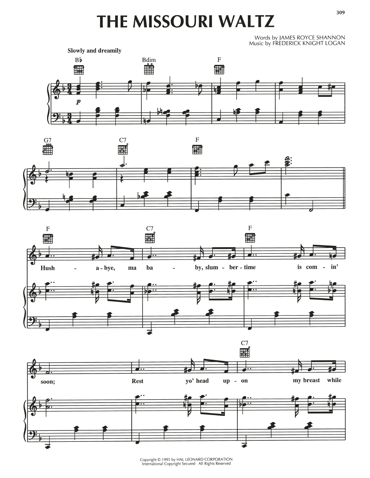 Download James Royce Shannon The Missouri Waltz Sheet Music and learn how to play Piano, Vocal & Guitar Chords (Right-Hand Melody) PDF digital score in minutes