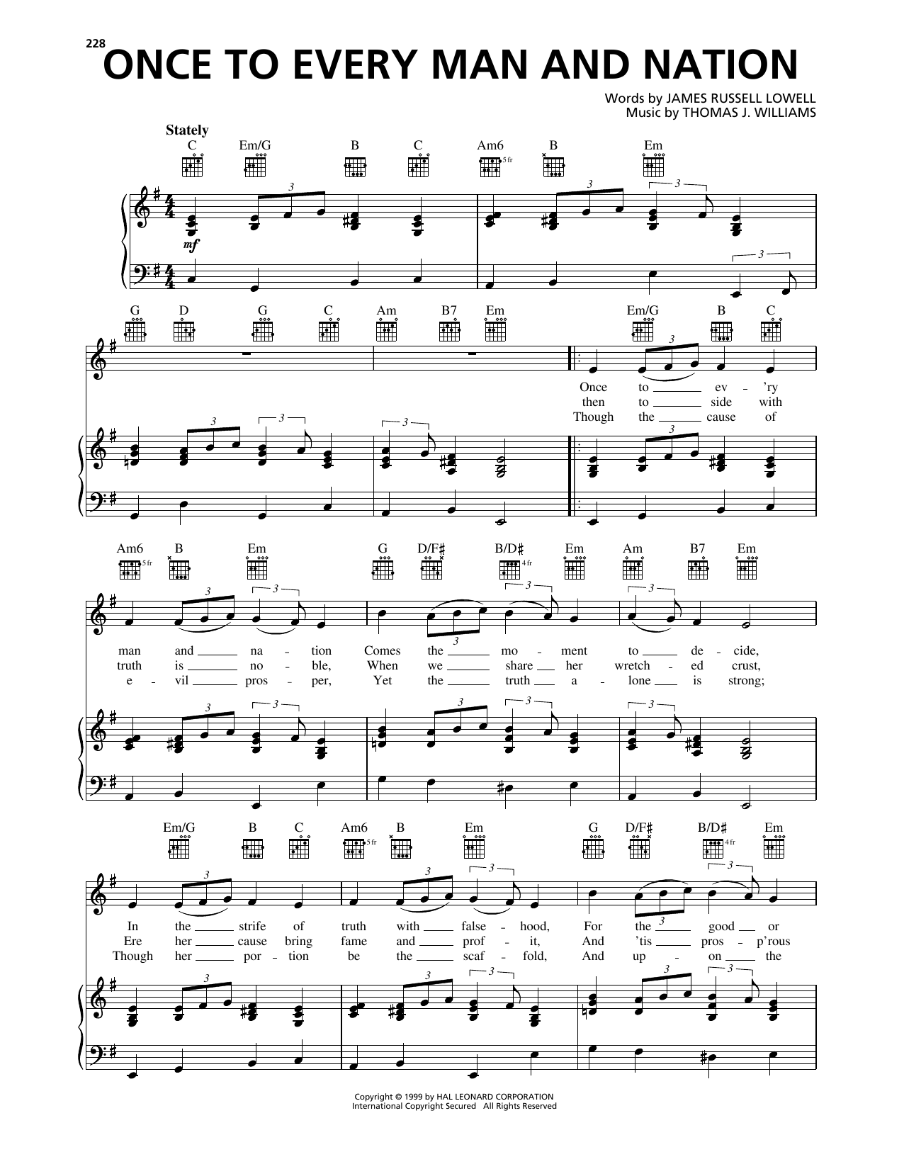 Download James Russell Lowell Once To Every Man And Nation Sheet Music and learn how to play Piano, Vocal & Guitar Chords (Right-Hand Melody) PDF digital score in minutes