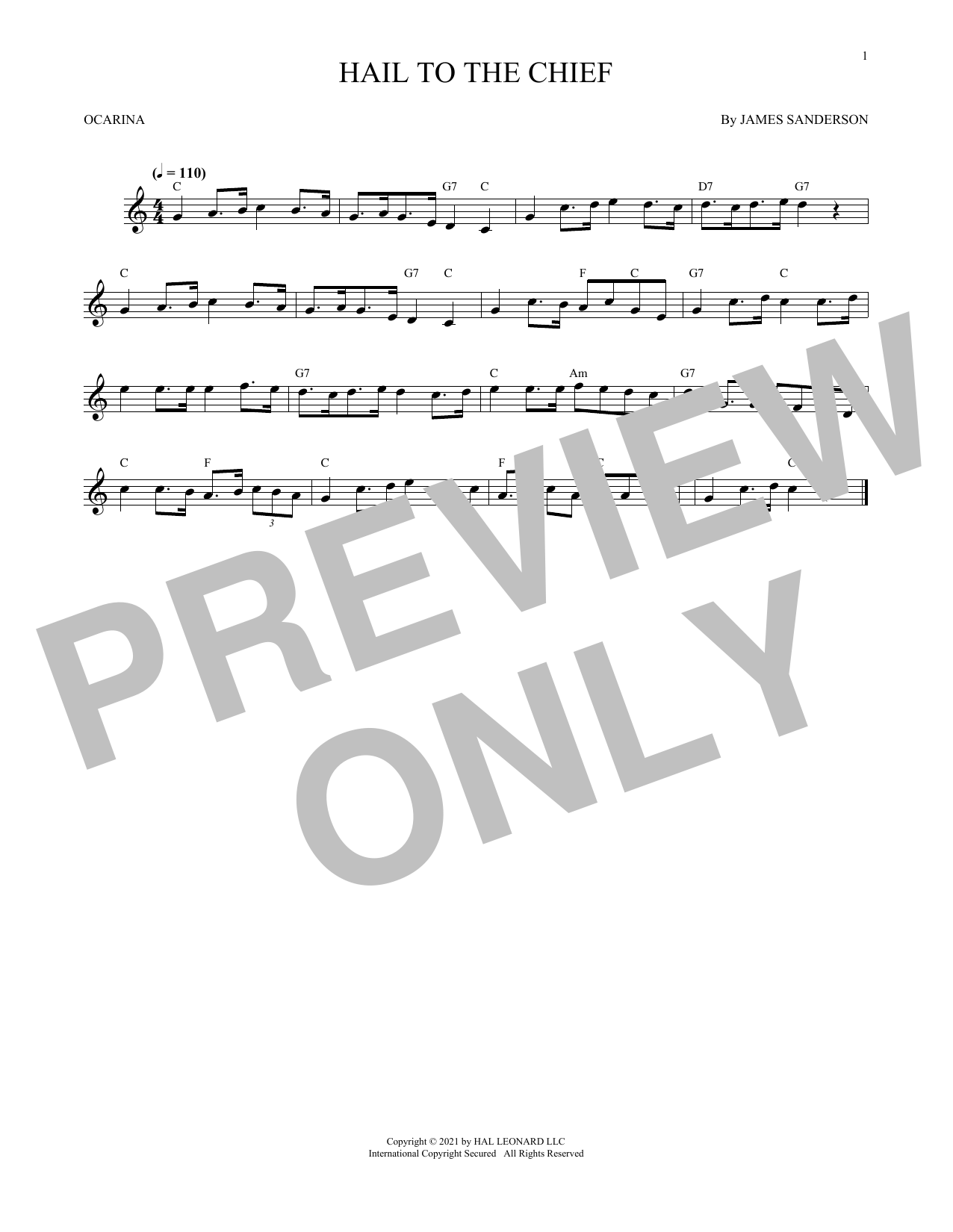 Download James Sanderson Hail To The Chief (arr. Cris Gale) Sheet Music and learn how to play Ocarina PDF digital score in minutes