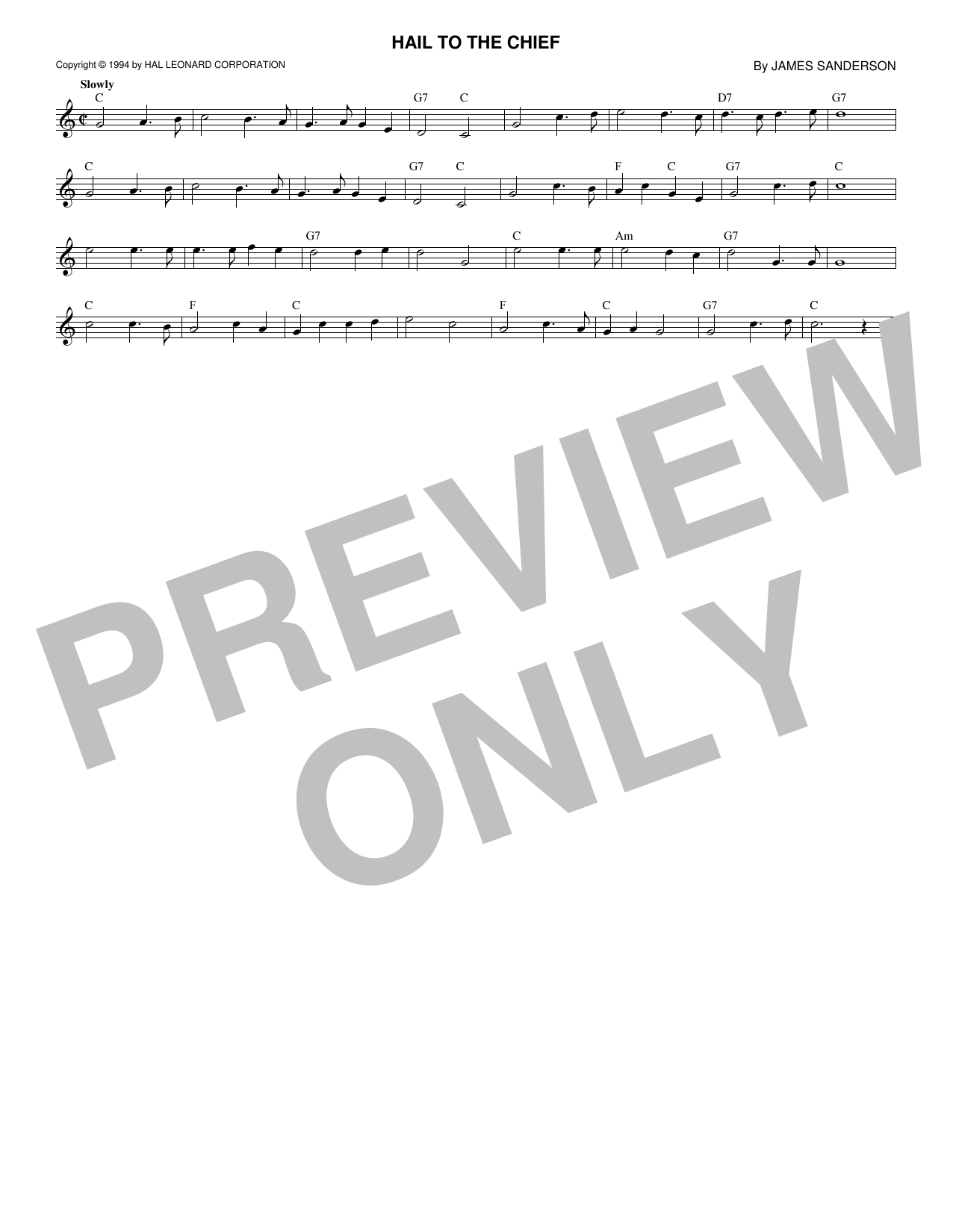 Download James Sanderson Hail To The Chief Sheet Music and learn how to play Melody Line, Lyrics & Chords PDF digital score in minutes