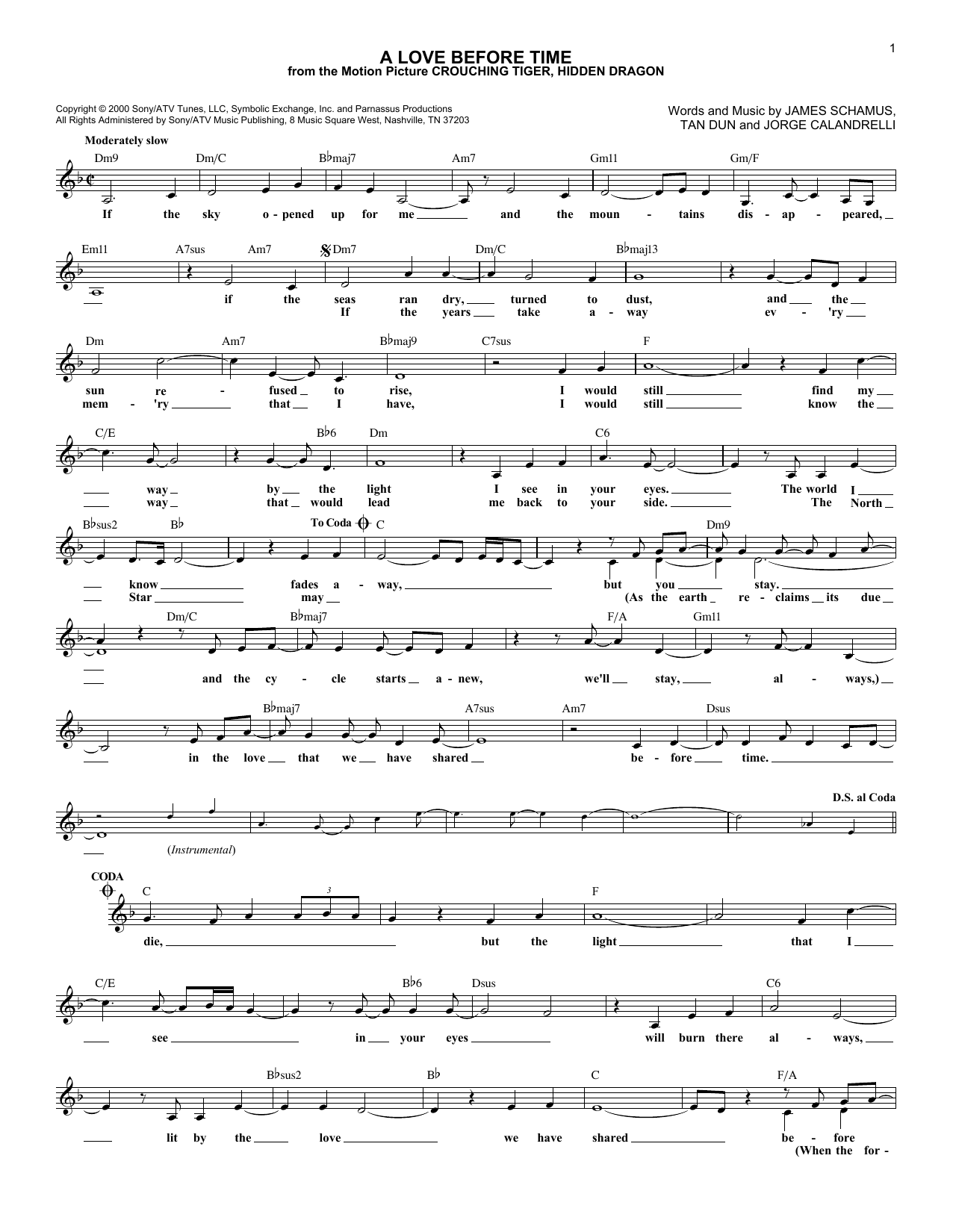 Download James Schamus A Love Before Time Sheet Music and learn how to play Melody Line, Lyrics & Chords PDF digital score in minutes