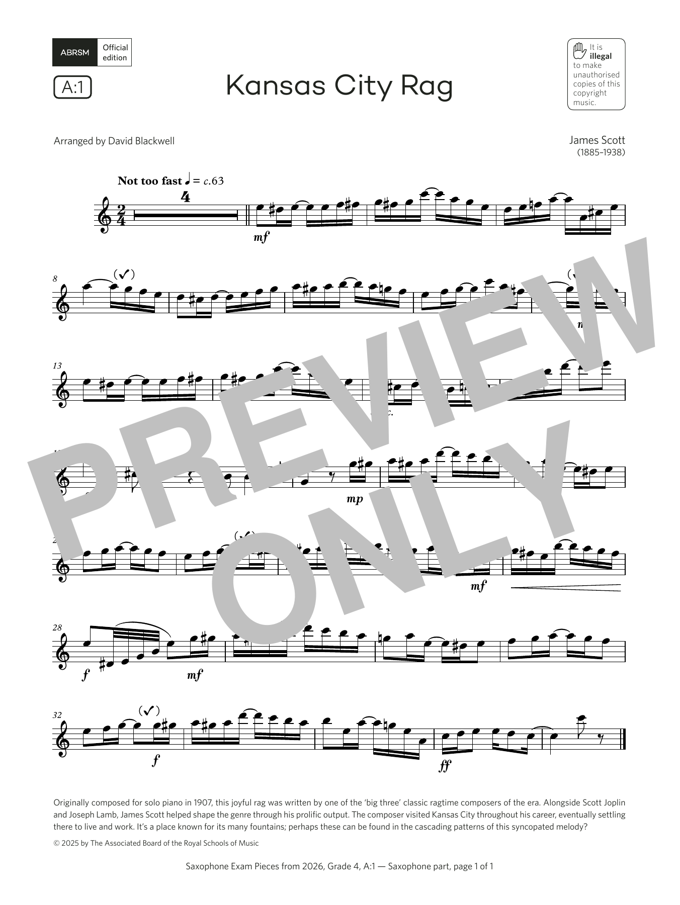 Download James Scott Kansas City Rag (Grade 4, list A1, from the ABRSM Saxophone Syllabus from 2026) Sheet Music and learn how to play Alto Sax Solo PDF digital score in minutes