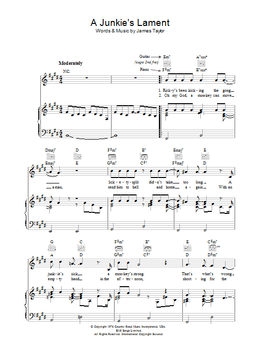 Download James Taylor A Junkie's Lament Sheet Music and learn how to play Piano, Vocal & Guitar (Right-Hand Melody) PDF digital score in minutes