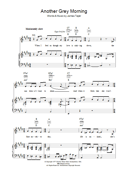 Download James Taylor Another Grey Morning Sheet Music and learn how to play Piano, Vocal & Guitar (Right-Hand Melody) PDF digital score in minutes