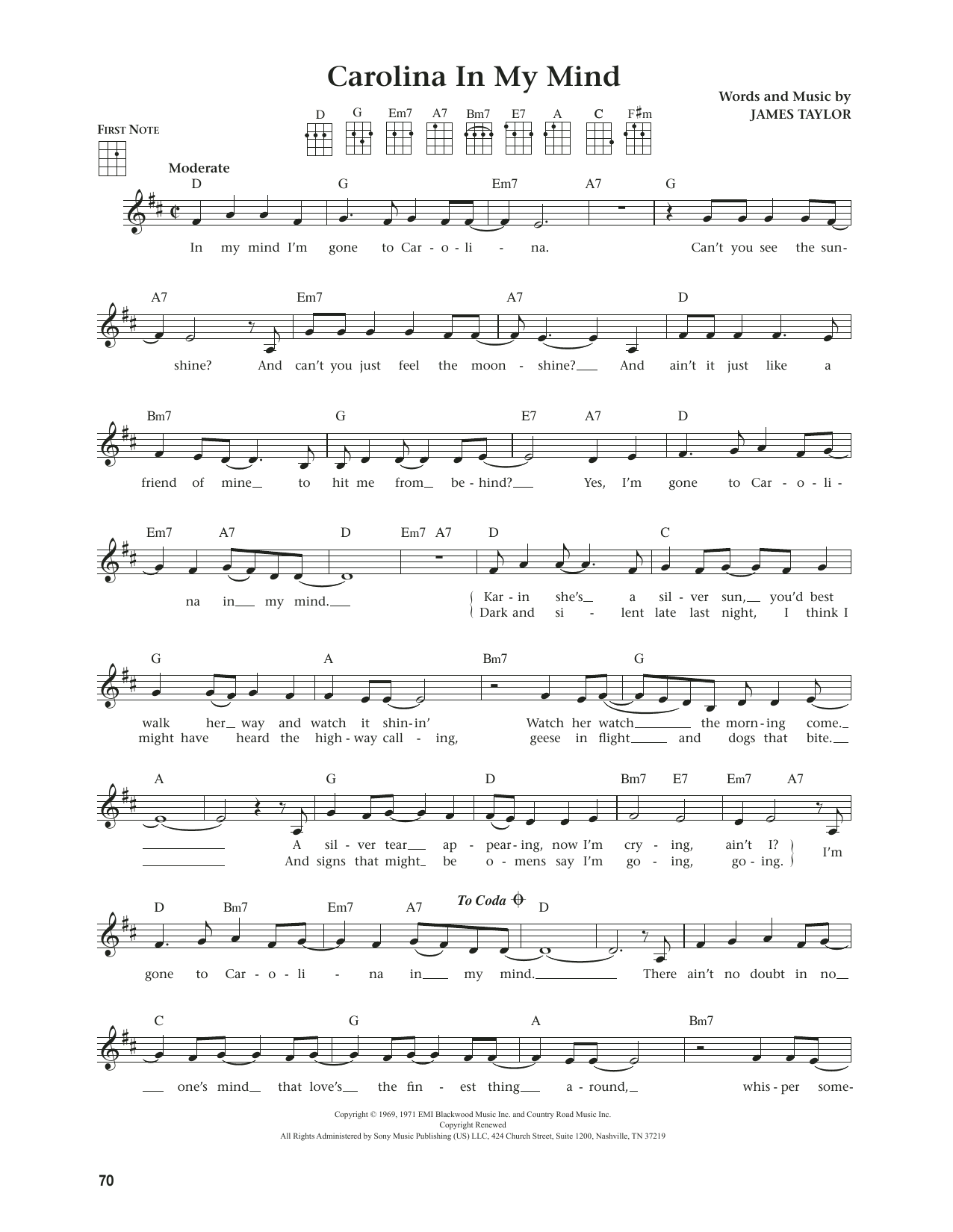 Download James Taylor Carolina In My Mind (from The Daily Ukulele) (arr. Jim Beloff) Sheet Music and learn how to play Ukulele PDF digital score in minutes