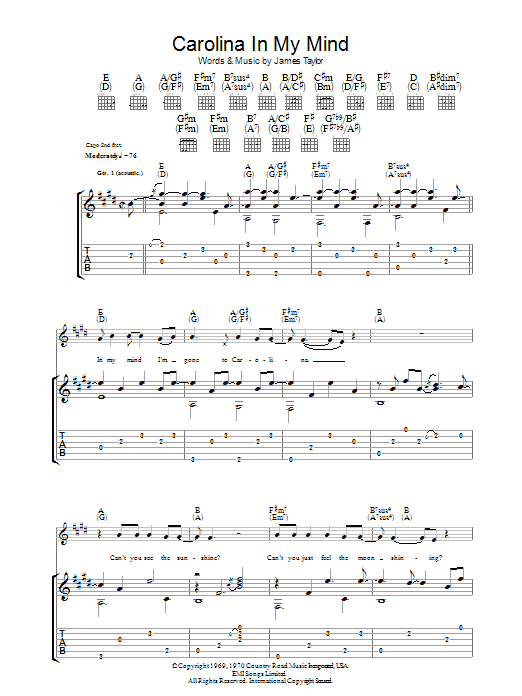 Download James Taylor Carolina In My Mind Sheet Music and learn how to play Piano, Vocal & Guitar (Right-Hand Melody) PDF digital score in minutes
