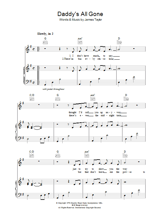Download James Taylor Daddy's All Gone Sheet Music and learn how to play Piano, Vocal & Guitar (Right-Hand Melody) PDF digital score in minutes