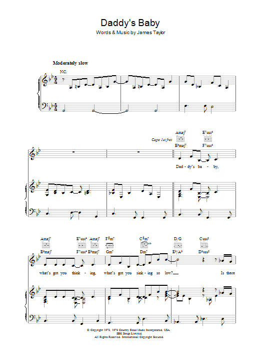 Download James Taylor Daddy's Baby Sheet Music and learn how to play Piano, Vocal & Guitar (Right-Hand Melody) PDF digital score in minutes