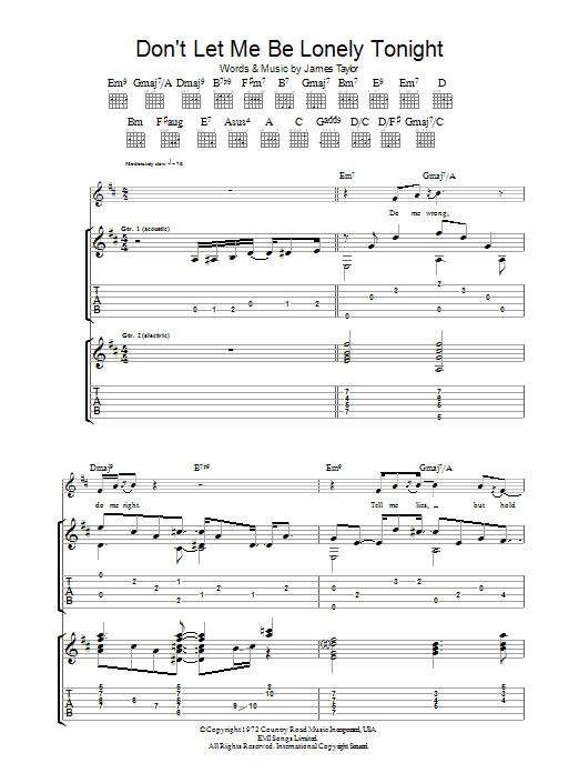 Download James Taylor Don't Let Me Be Lonely Tonight Sheet Music and learn how to play Guitar Lead Sheet PDF digital score in minutes