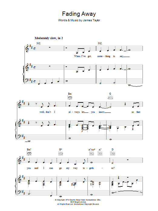 Download James Taylor Fading Away Sheet Music and learn how to play Piano, Vocal & Guitar (Right-Hand Melody) PDF digital score in minutes