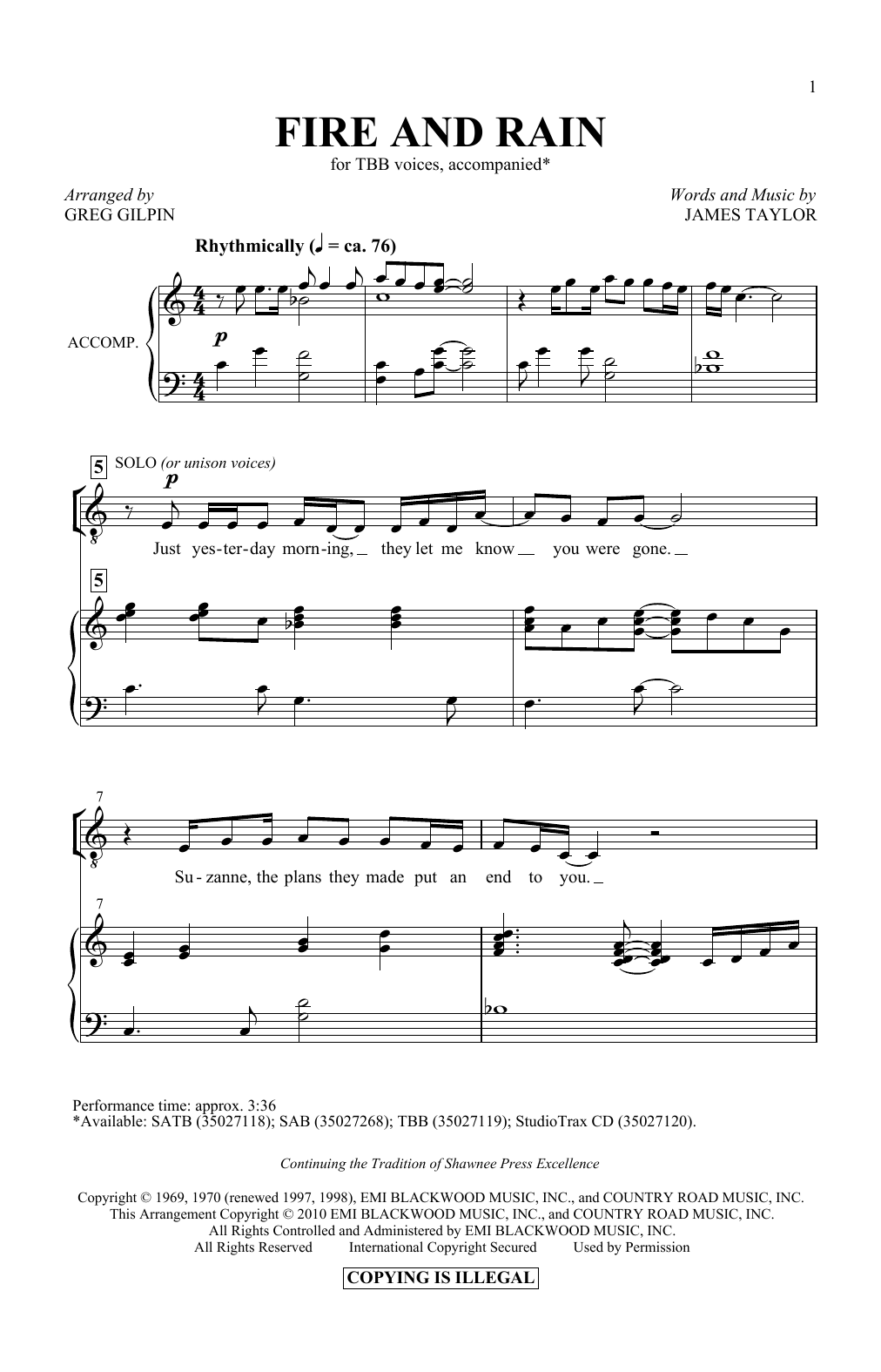 Download James Taylor Fire And Rain (arr. Greg Gilpin) Sheet Music and learn how to play TBB Choir PDF digital score in minutes