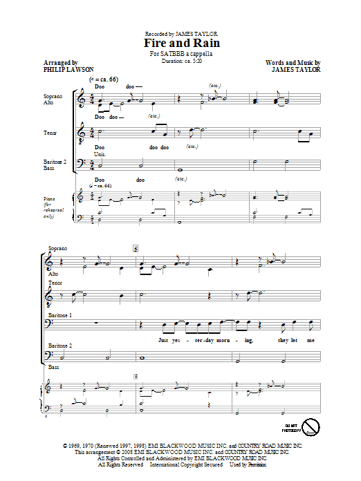 Download James Taylor Fire And Rain (arr. Philip Lawson) Sheet Music and learn how to play SATB PDF digital score in minutes